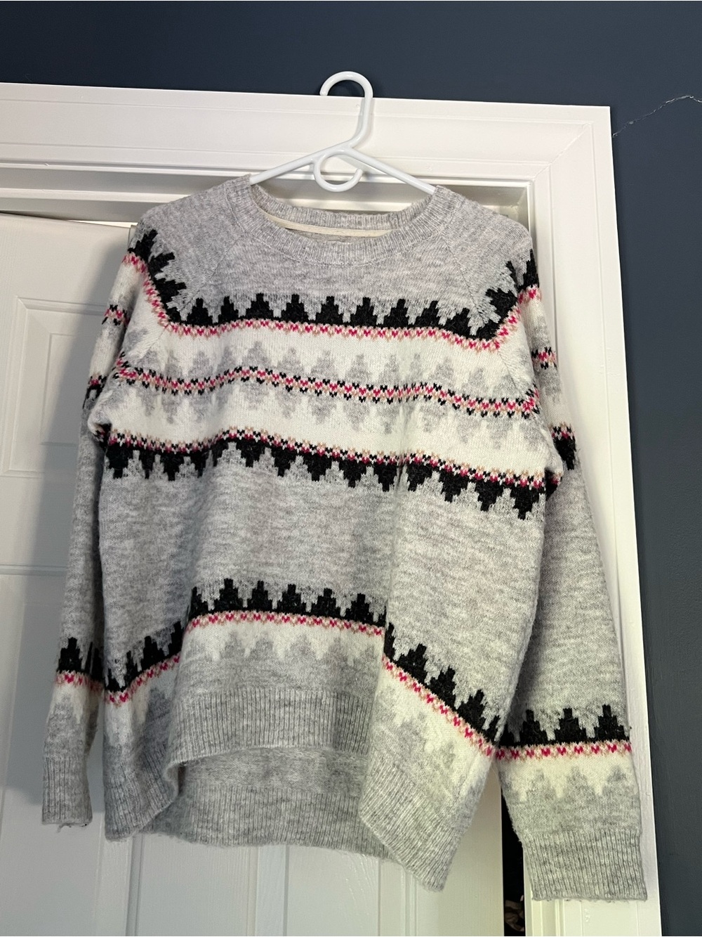 Sundry Gray Fair Isle Crewneck Sweater with Black & Pink Accents